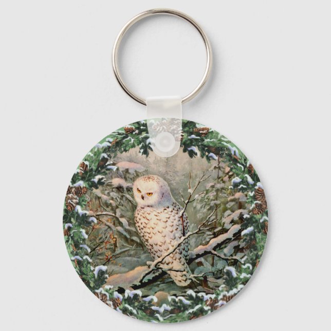 SNOWY OWL & WREATH by SHARON SHARPE Key Ring (Front)
