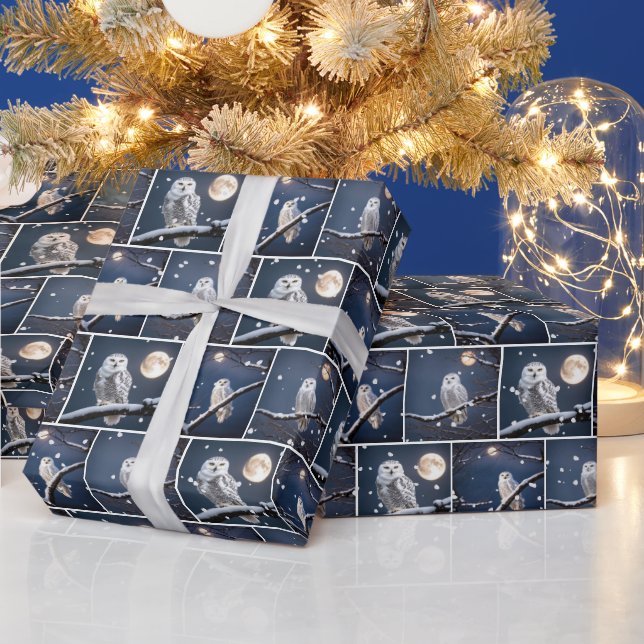 Snowy Owls In Snowflakes Wrapping Paper (Holidays)