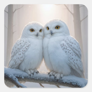Snowy Owls On a Winter Branch Square Sticker