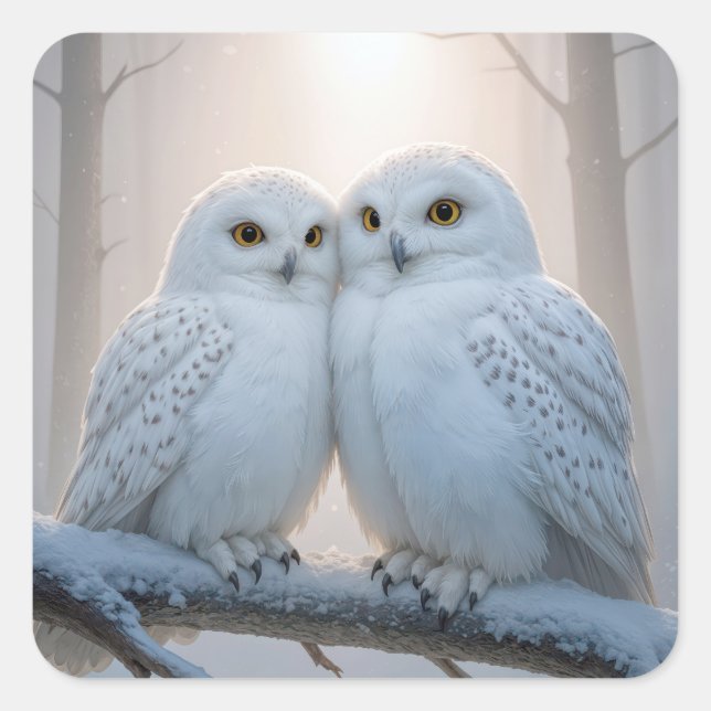 Snowy Owls On a Winter Branch Square Sticker (Front)