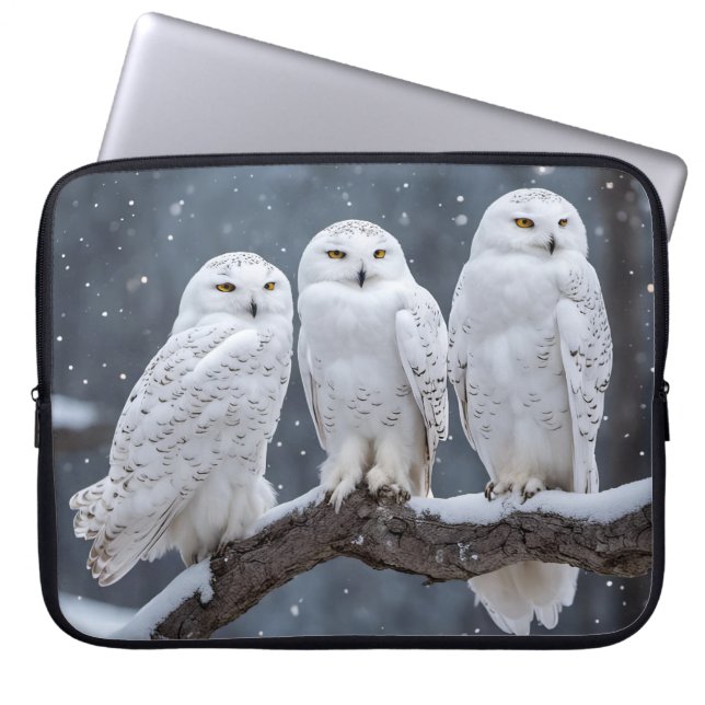 Snowy Owls On Tree Branch Laptop Sleeve (Front)