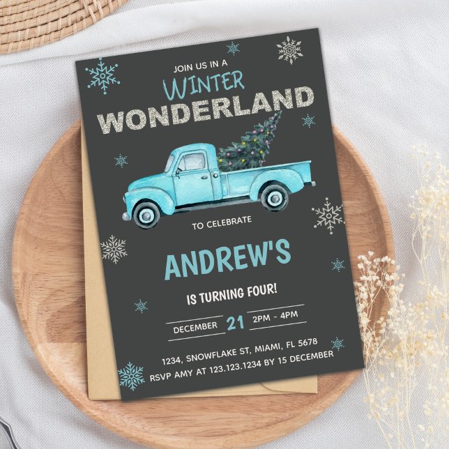 Snowy Party for Boys Invitation (Blue truck Winter Wonderland Birthday Invitations)