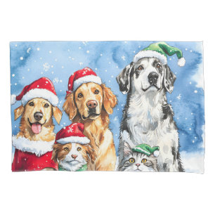 Snowy Paws Festive Cute Christmas Pets Watercolor Pillowcase