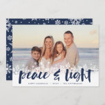 Snowy Peace | Hanukkah Photo Holiday Card<br><div class="desc">Modern Hanukkah photo cards feature your favourite image with a white snowflake border along the bottom. "Peace and light" appears in navy blue hand lettered brush typography,  with your names and the year beneath.</div>