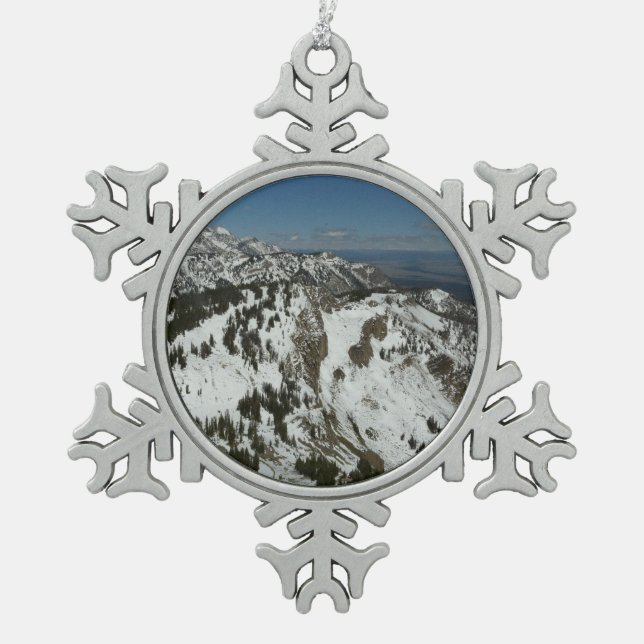 Snowy Peaks of Grand Teton Mountains I Photography Snowflake Pewter Christmas Ornament (Front)