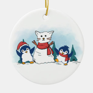 Snowy Penguins building a Christmas Snow Cat Ceramic Tree Decoration