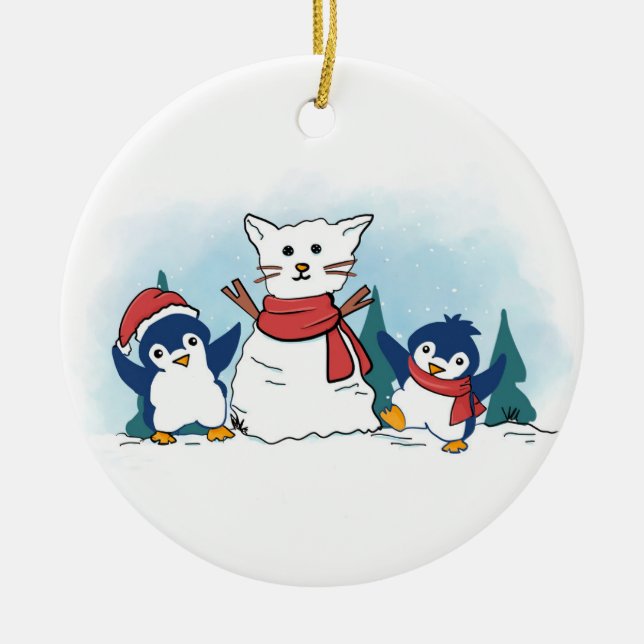 Snowy Penguins building a Christmas Snow Cat Ceramic Tree Decoration (Front)