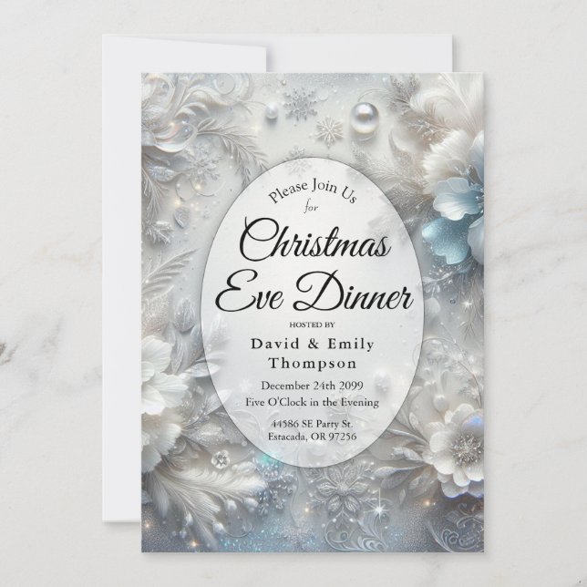 Snowy Petals in Frozen Bloom Christmas Eve Dinner Invitation (Front)