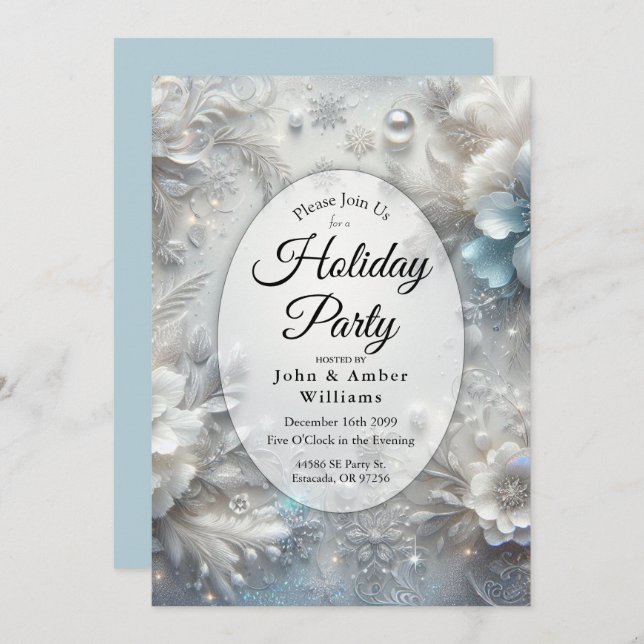 Snowy Petals in Frozen Bloom Holiday Party Invitation (Front/Back)