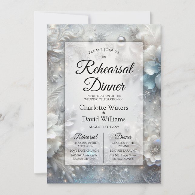 Snowy Petals in Frozen Bloom Rehearsal Dinner Invitation (Front)
