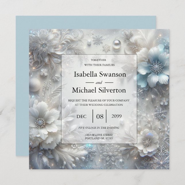 Snowy Petals in Frozen Bloom Wedding Invitation (Front/Back)