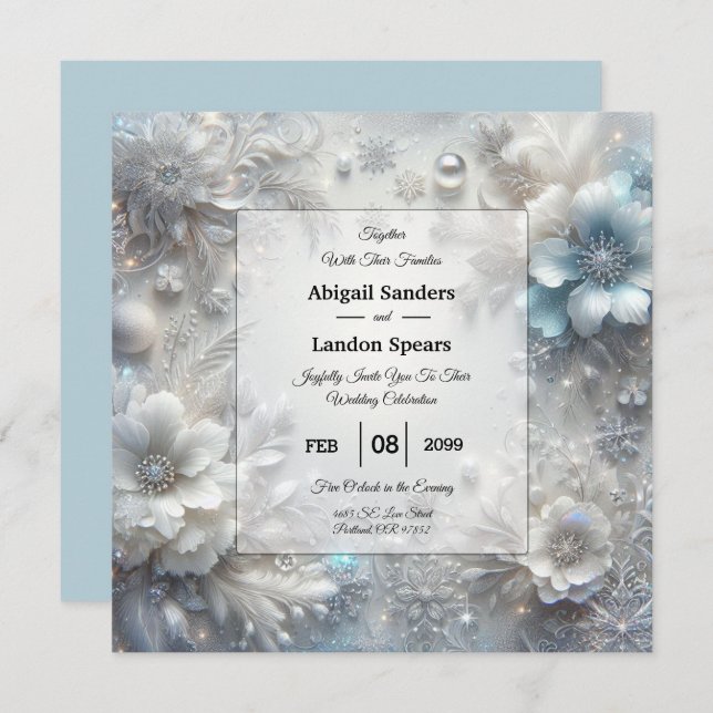 Snowy Petals in Frozen Bloom Wedding Invitation (Front/Back)