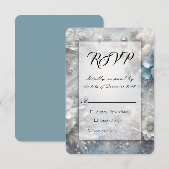 Snowy Petals in Frozen Bloom Wedding RSVP Card (Front/Back)