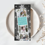 Snowy Photobooth Holiday Photo Collage Card<br><div class="desc">Cute holiday photo card features a photo booth strip with three photos and a vibrant icy turquoise text panel. Personalise with the year and your family name or names in whimsical,  festive white lettering,  on a rustic chalkboard background dotted with hand drawn white snowflakes.</div>