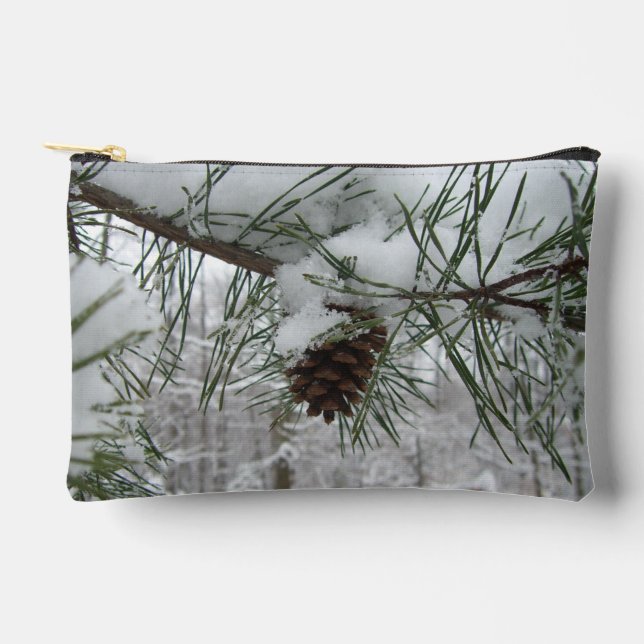Snowy Pine Branch Winter Nature Photography Accessory Pouch (Front)