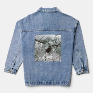 Snowy Pine Branch Winter Nature Photography Denim Jacket