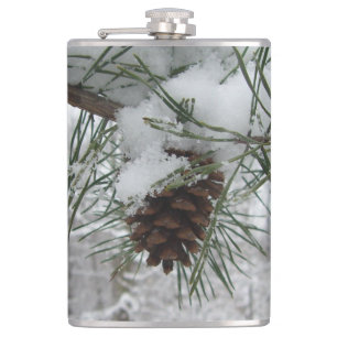 Snowy Pine Branch Winter Nature Photography Hip Flask