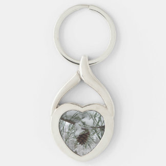 Snowy Pine Branch Winter Nature Photography Key Ring