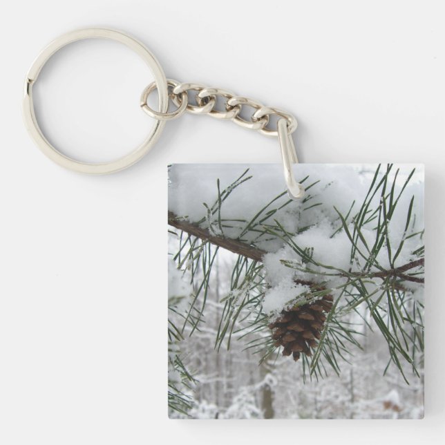Snowy Pine Branch Winter Nature Photography Key Ring (Front)