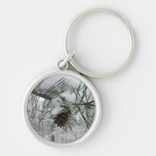 Snowy Pine Branch Winter Nature Photography Key Ring