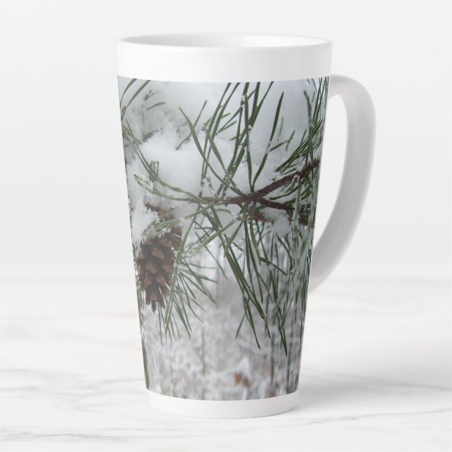 Snowy Pine Branch Winter Nature Photography Latte Mug (Right Angle)