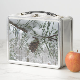 Snowy Pine Branch Winter Nature Photography Metal Lunch Box