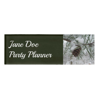 Snowy Pine Branch Winter Nature Photography Name Tag