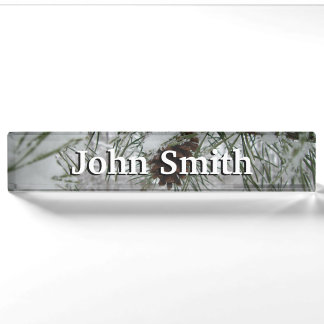 Snowy Pine Branch Winter Nature Photography Nameplate