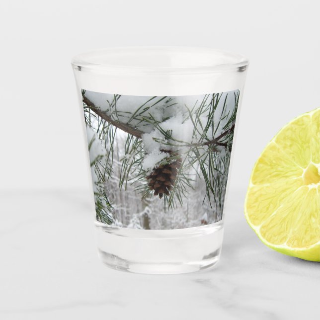 Snowy Pine Branch Winter Nature Photography Shot Glass (Front)