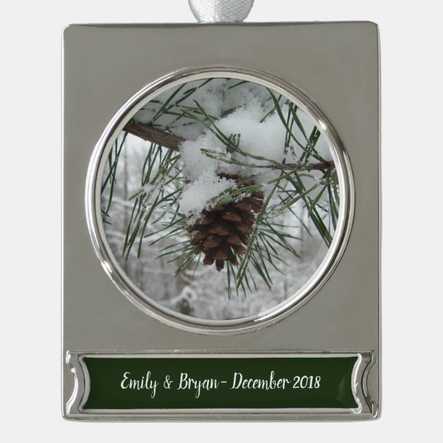 Snowy Pine Branch Winter Nature Photography Silver Plated Banner Ornament (Front)