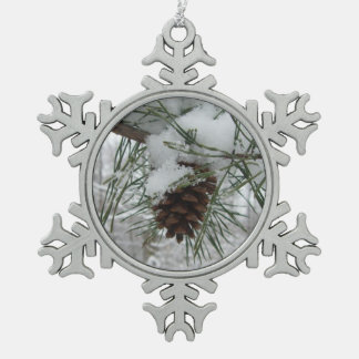 Snowy Pine Branch Winter Nature Photography Snowflake Pewter Christmas Ornament