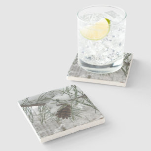 Snowy Pine Branch Winter Nature Photography Stone Coaster