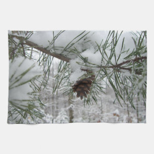 Snowy Pine Branch Winter Nature Photography Tea Towel