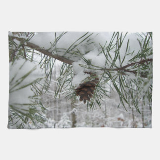 Snowy Pine Branch Winter Nature Photography Tea Towel