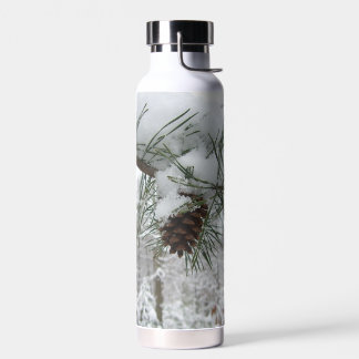 Snowy Pine Branch Winter Nature Photography Water Bottle