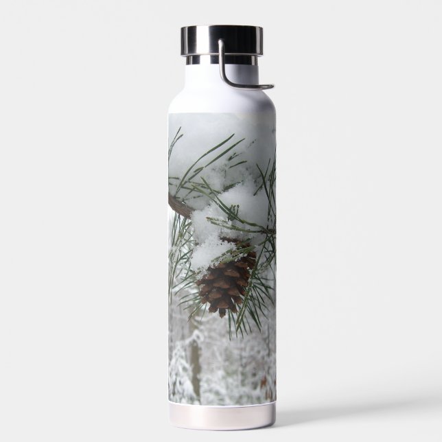 Snowy Pine Branch Winter Nature Photography Water Bottle (Left)