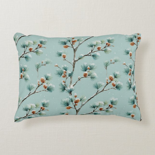 Snowy Pine Branches Winter Pattern Decorative Cushion (Front)