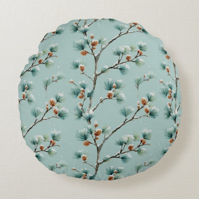 Snowy Pine Branches Winter Pattern Round Cushion (Front)