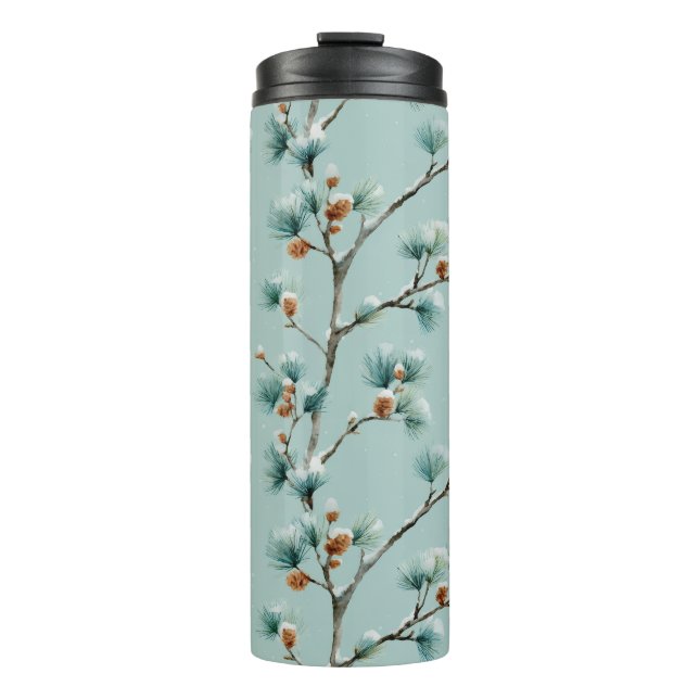 Snowy Pine Branches Winter Pattern Thermal Tumbler (Front)