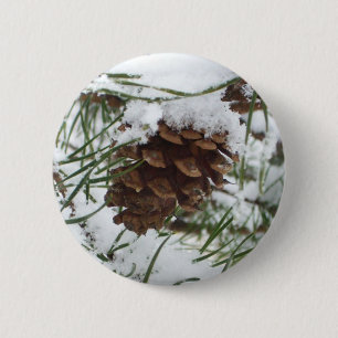 Snowy Pine Cone I Winter Nature Photography 6 Cm Round Badge