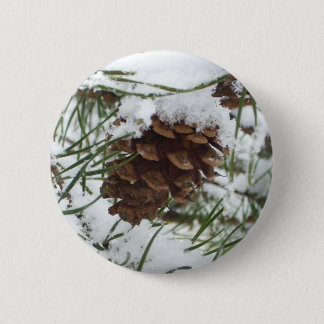 Snowy Pine Cone I Winter Nature Photography 6 Cm Round Badge