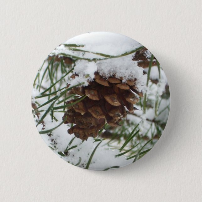 Snowy Pine Cone I Winter Nature Photography 6 Cm Round Badge (Front)