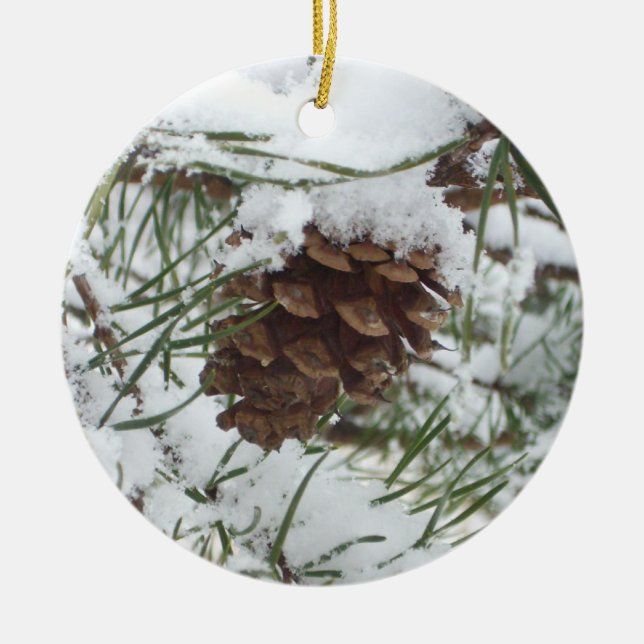 Snowy Pine Cone I Winter Nature Photography Ceramic Tree Decoration (Front)