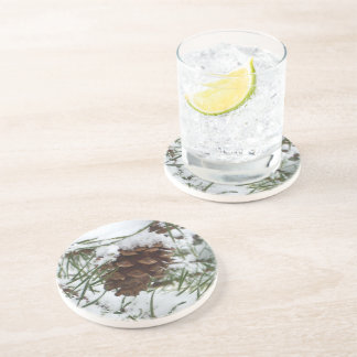 Snowy Pine Cone I Winter Nature Photography Coaster