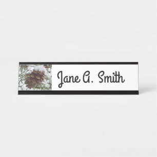 Snowy Pine Cone I Winter Nature Photography Desk Name Plate