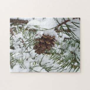 Snowy Pine Cone I Winter Nature Photography Jigsaw Puzzle