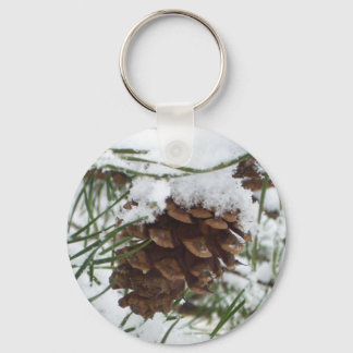Snowy Pine Cone I Winter Nature Photography Key Ring