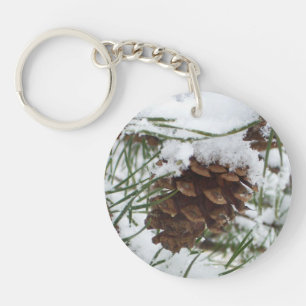 Snowy Pine Cone I Winter Nature Photography Key Ring