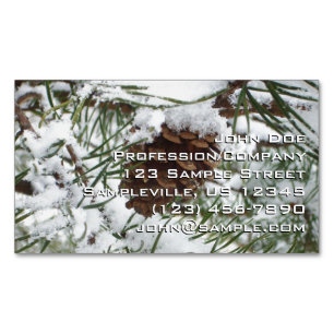 Snowy Pine Cone I Winter Nature Photography Magnetic Business Card