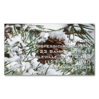 Snowy Pine Cone I Winter Nature Photography Magnetic Business Card